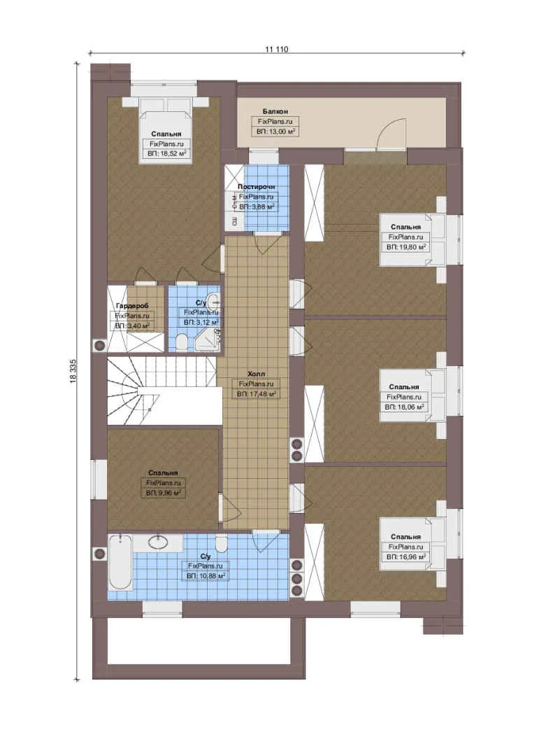 Проект двухэтажного дома 12 на 19, площадью 290 м² с террасой, балконом и 7 спальнями — 2-й этаж