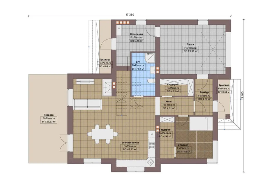 Проект двухэтажного дома 14 на 18, площадью 270 м² с террасой, балконом, гаражом на 1 машину и 4 спальнями — 1-й этаж