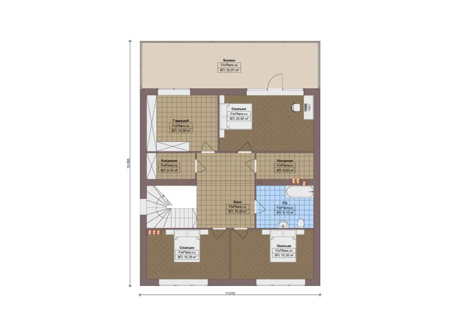 Проект двухэтажного дома 12 на 17, площадью 290 м² с террасой, балконом и 3 спальнями — 2-й этаж