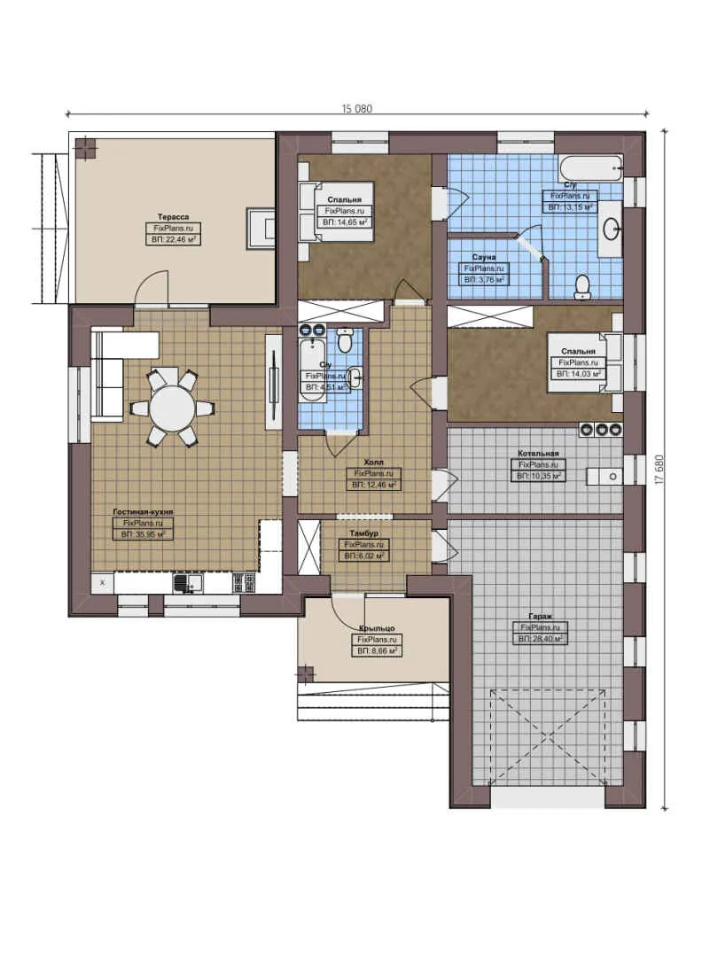 F-2168 - План одноэтажного дома 16 на 18, площадью 180 м² с террасой, баней, гаражом на 1 машину и 2 спальнями