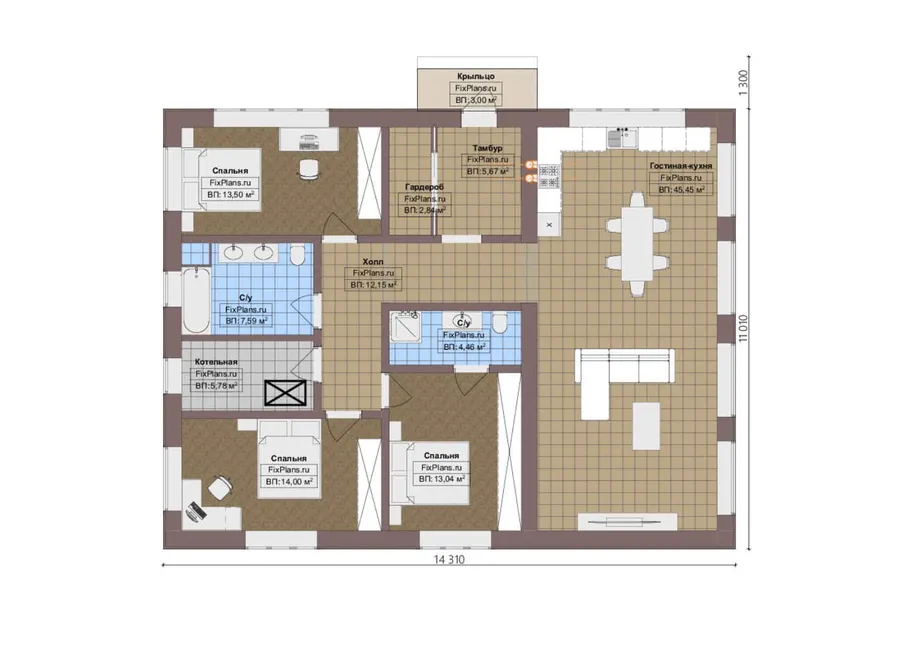 Проект одноэтажного дома 12 на 15, площадью 130 м² с 3 спальнями — 1-й этаж