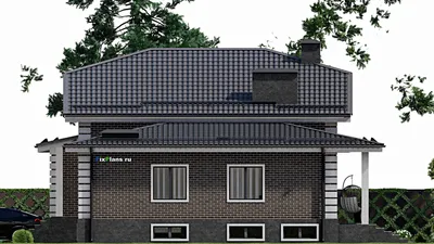 Проект дома с мансардой 13 на 18, площадью 320 м² с цокольным этажом, баней, гаражом на 2 машины и 5 спальнями — фасад 5