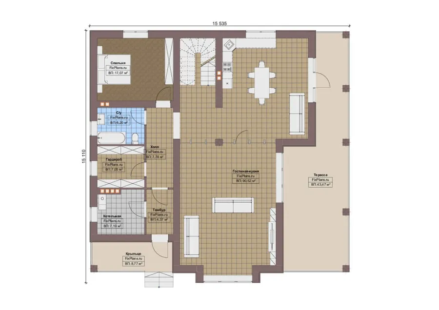 Проект двухэтажного дома 16 на 16, площадью 470 м² с террасой, балконом и 4 спальнями — 1-й этаж