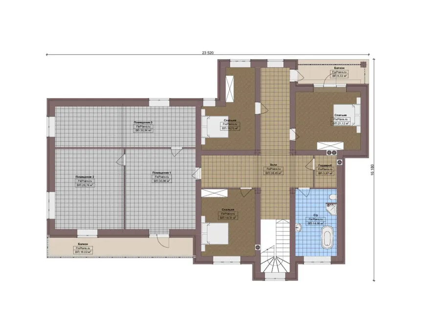 Проект двухэтажного дома 17 на 25, площадью 500 м² с террасой, балконом, гаражом на 2 машины и 4 спальнями — 2-й этаж