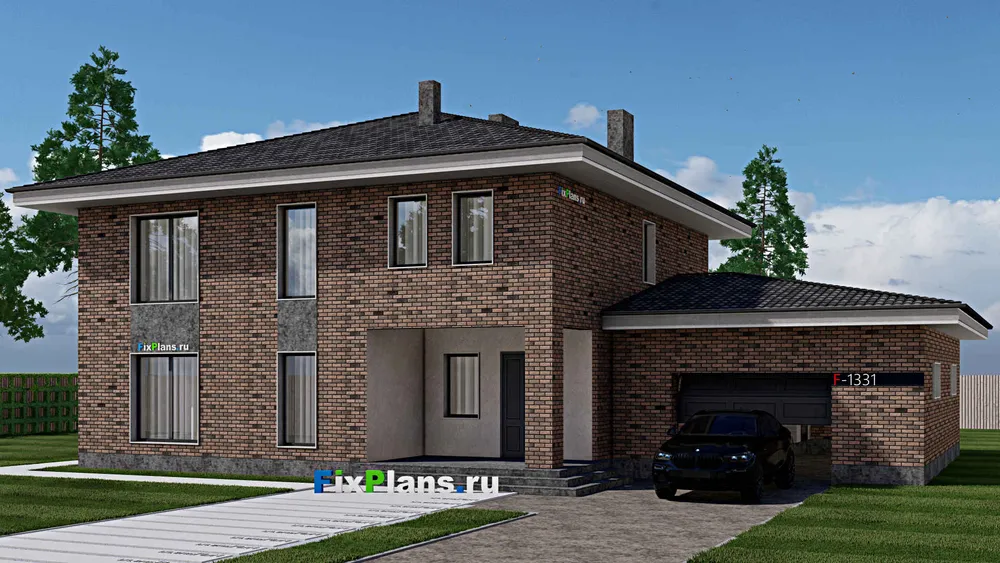 Проект двухэтажного дома 15 на 20, площадью 540 м² с террасой, гаражом на 2 машины и 8 спальнями — фасад 1