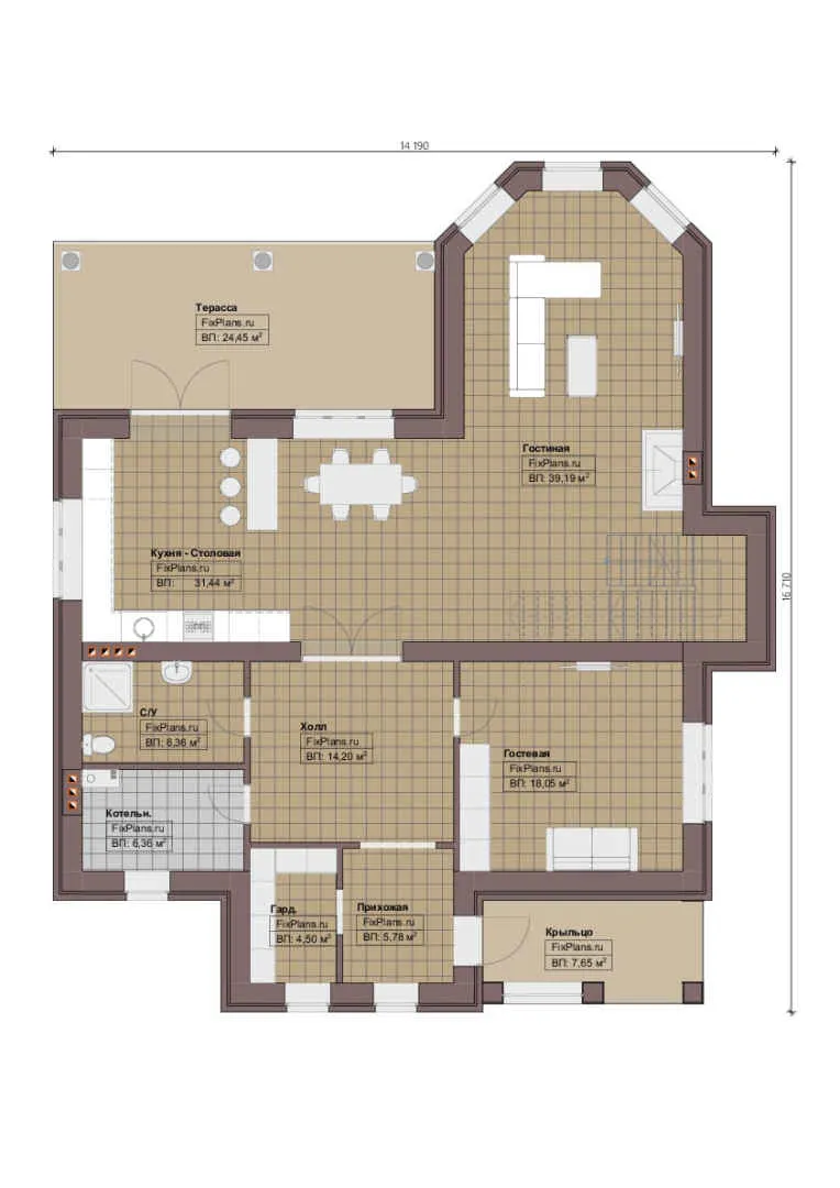 Проект двухэтажного дома 15 на 17, площадью 290 м² с террасой, балконом и 2 спальнями — 1-й этаж