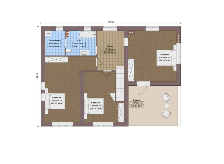Проект двухэтажного дома 12 на 18, площадью 260 м² с террасой, балконом, гаражом на 1 машину и 3 спальнями — 2-й этаж