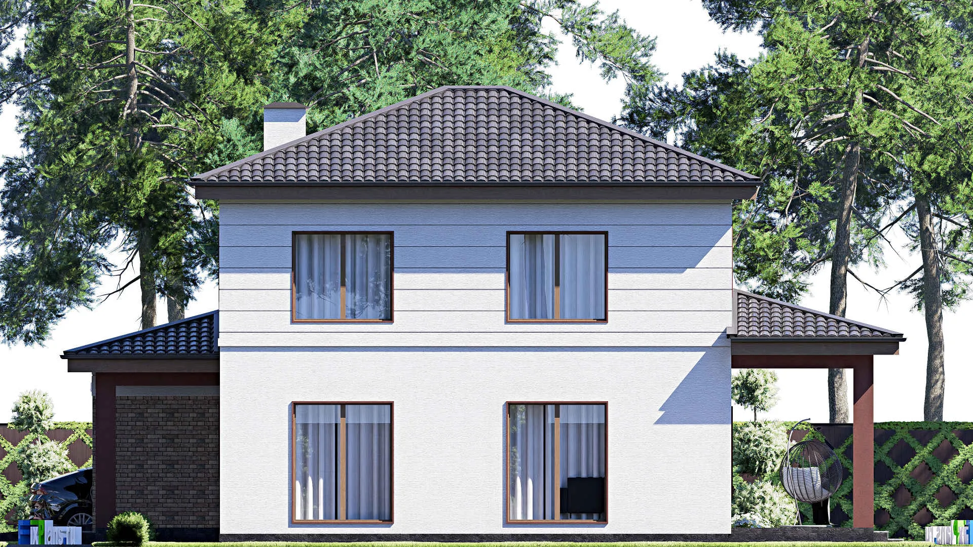 F-18818 - Проект двухэтажного дома 16 на 18, площадью 240 м² с террасой, гаражом на 1 машину и 4 спальнями