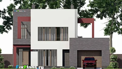 Проект двухэтажного дома 14 на 16, площадью 350 м² с террасой, балконом, баней, гаражом на 1 машину и 5 спальнями — фасад 3