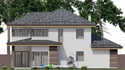 Проект двухэтажного дома 14 на 17, площадью 220 м² с террасой, гаражом на 1 машину и 3 спальнями — фасад 6