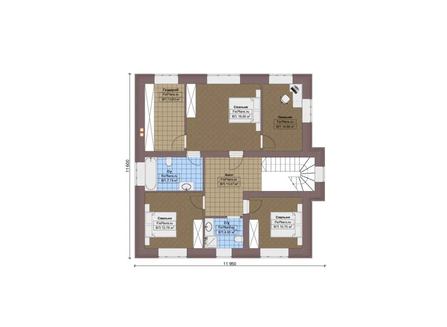 Проект двухэтажного дома 19 на 23, площадью 350 м² с террасой, гаражом на 2 машины и 5 спальнями — 2-й этаж