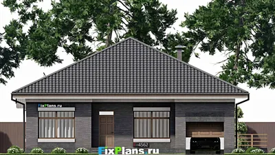 Проект одноэтажного дома 14 на 15, площадью 260 м² с террасой, баней, гаражом на 1 машину, бассейном и 3 спальнями — фасад 3