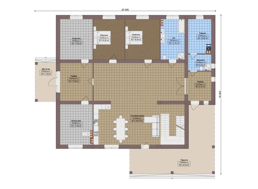 Проект двухэтажного дома 19 на 21, площадью 490 м² с террасой, балконом, баней, спортзалом и 8 спальнями — 1-й этаж
