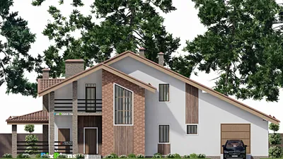 Проект дома с мансардой 14 на 22, площадью 270 м² с террасой, балконом, гаражом на 2 машины и 4 спальнями — фасад 3
