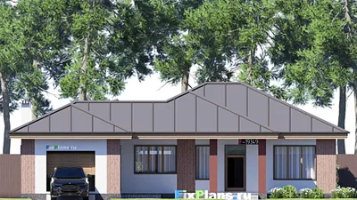 Проект одноэтажного дома 17 на 18, площадью 150 м² с террасой, гаражом на 1 машину и 2 спальнями — фасад 3