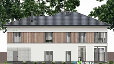 Проект двухэтажного дома 15 на 20, площадью 460 м² с балконом, гаражом на 1 машину, спортзалом и 1 спальнями — фасад 6