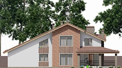 Проект дома с мансардой 14 на 22, площадью 270 м² с террасой, балконом, гаражом на 2 машины и 4 спальнями — фасад 6