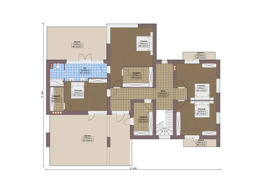 Проект двухэтажного дома 21 на 22, площадью 530 м² с террасой, балконом, гаражом на 1 машину и 6 спальнями — 2-й этаж