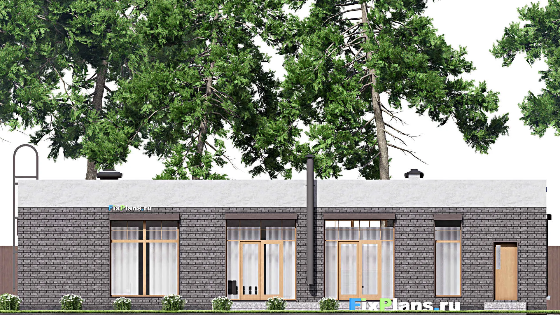 F-12779 - Проект одноэтажного дома 15 на 19, площадью 230 м² с террасой, баней, гаражом на 1 машину, спортзалом и 2 спальнями