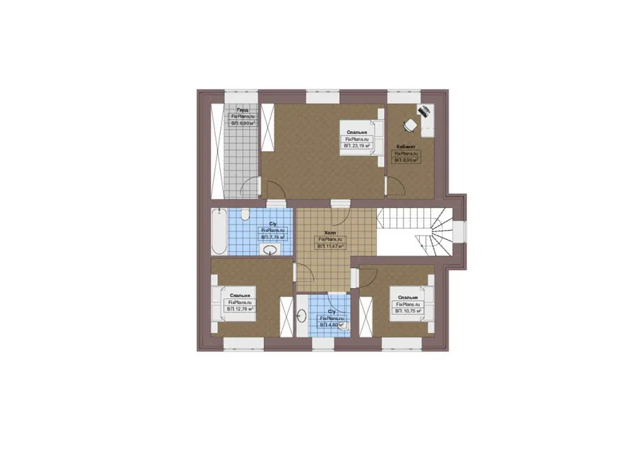 Проект двухэтажного дома 12 на 19, площадью 280 м² с террасой, гаражом на 2 машины и 4 спальнями — 2-й этаж