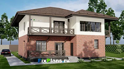 Проект двухэтажного дома 13 на 14, площадью 270 м² с террасой, балконом и 5 спальнями (F-8558) — фасад 2