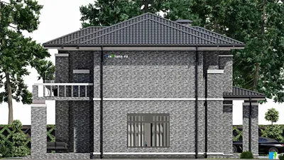 Проект двухэтажного дома 16 на 23, площадью 320 м² с террасой, балконом, гаражом на 1 машину и 4 спальнями — фасад 4