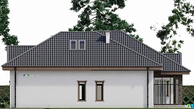 Проект дома с мансардой 18 на 18, площадью 340 м² с террасой, цокольным этажом и 3 спальнями — фасад 5