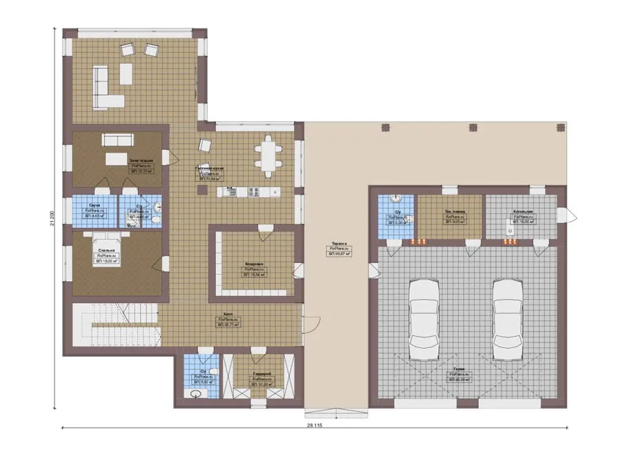Проект двухэтажного дома 22 на 29, площадью 510 м² с террасой, баней, гаражом на 2 машины и 5 спальнями — 1-й этаж