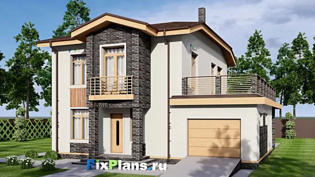 Проект двухэтажного дома 13 на 17, площадью 300 м² с террасой, балконом, гаражом на 1 машину и 4 спальнями
