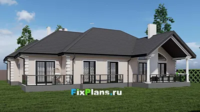 Проект одноэтажного дома 18 на 21, площадью 280 м² с террасой, гаражом на 2 машины и 1 спальнями — фасад 2