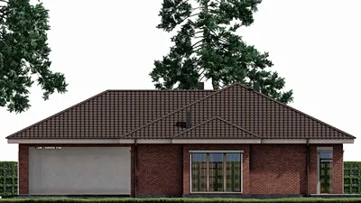 Проект одноэтажного дома 16 на 20, площадью 450 м² с террасой, гаражом на 2 машины и 6 спальнями — фасад 5
