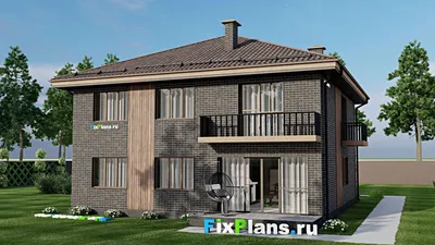 Проект двухэтажного дома 17 на 17, площадью 290 м² с террасой, балконом, гаражом на 2 машины и 7 спальнями — фасад 2