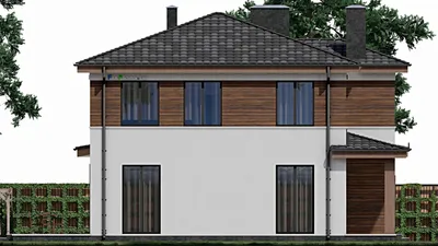 Проект двухэтажного дома 12 на 13, площадью 220 м² с террасой, гаражом на 1 машину и 4 спальнями — фасад 6