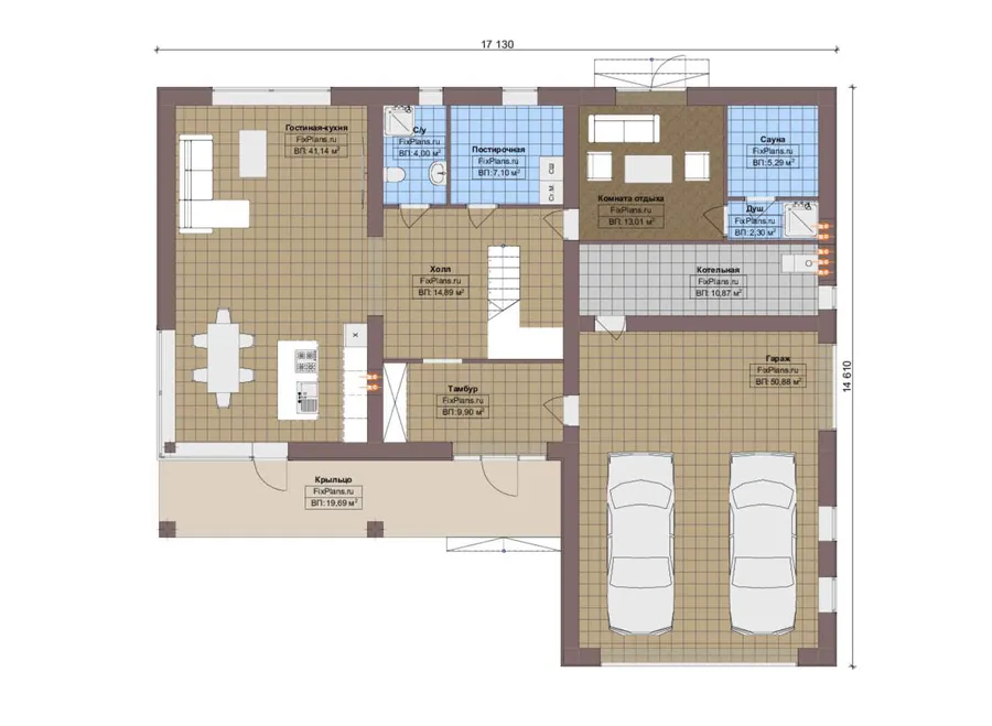 Проект двухэтажного дома 15 на 18, площадью 310 м² с террасой, баней, гаражом на 2 машины и 2 спальнями — 1-й этаж