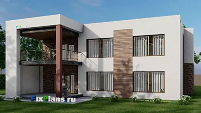 Проект двухэтажного дома 18 на 18, площадью 330 м² с террасой, балконом, гаражом на 2 машины и 3 спальнями — фасад 2