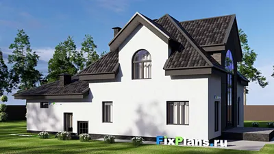 Проект дома с мансардой 14 на 19, площадью 190 м² с террасой, гаражом на 1 машину и 2 спальнями — фасад 2