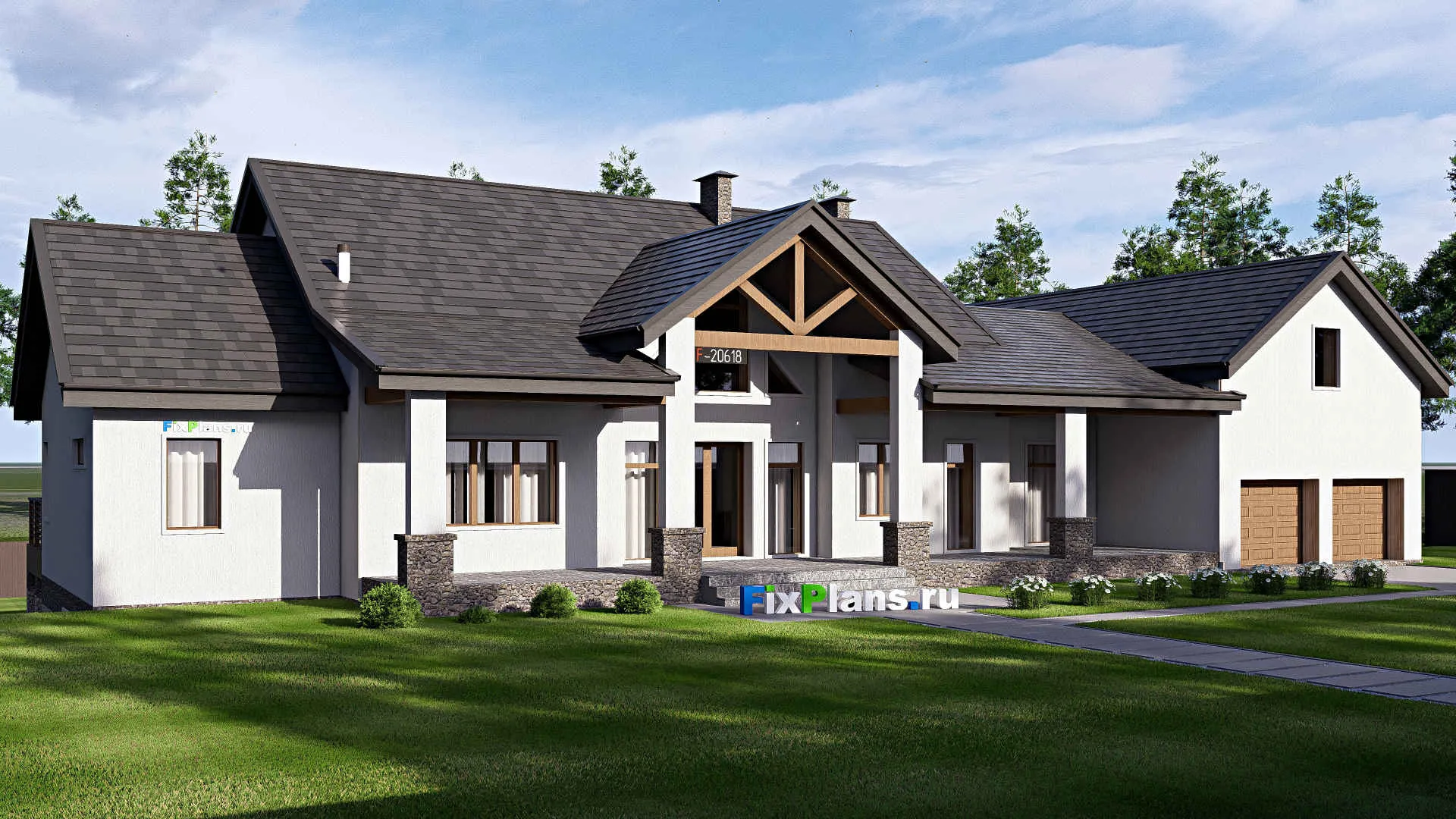 F-20618 - Проект двухэтажного дома 18 на 32, площадью 710 м² с террасой, цокольным этажом, гаражом на 2 машины и 5 спальнями