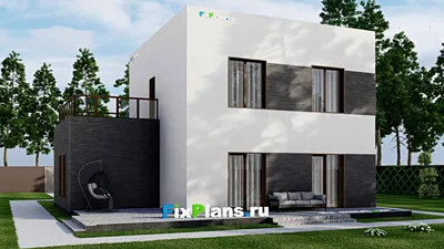 Проект двухэтажного дома 14 на 14, площадью 240 м² с террасой, балконом, гаражом на 1 машину и 3 спальнями — фасад 2