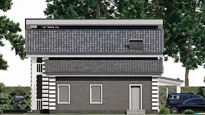 Проект дома с мансардой 16 на 22, площадью 310 м² с террасой, балконом, гаражом на 2 машины и 6 спальнями — фасад 4