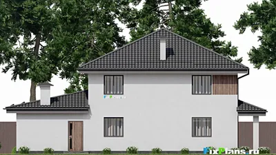 Проект двухэтажного дома 12 на 16, площадью 230 м² с террасой, балконом, гаражом на 1 машину и 6 спальнями — фасад 6