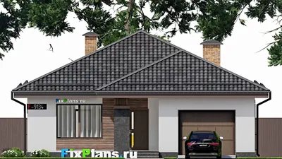 Проект одноэтажного дома 12 на 17, площадью 150 м² с террасой, гаражом на 1 машину и 3 спальнями — фасад 3