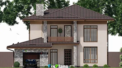 Проект двухэтажного дома 14 на 16, площадью 240 м² с балконом, гаражом на 1 машину и 4 спальнями — фасад 3