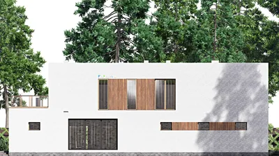 Проект двухэтажного дома 25 на 26, площадью 850 м² с террасой, балконом, гаражом на 2 машины и 5 спальнями — фасад 4