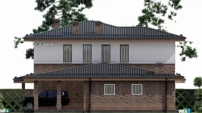 Проект двухэтажного дома 16 на 18, площадью 250 м² с террасой, баней, гаражом на 2 машины и 4 спальнями — фасад 5