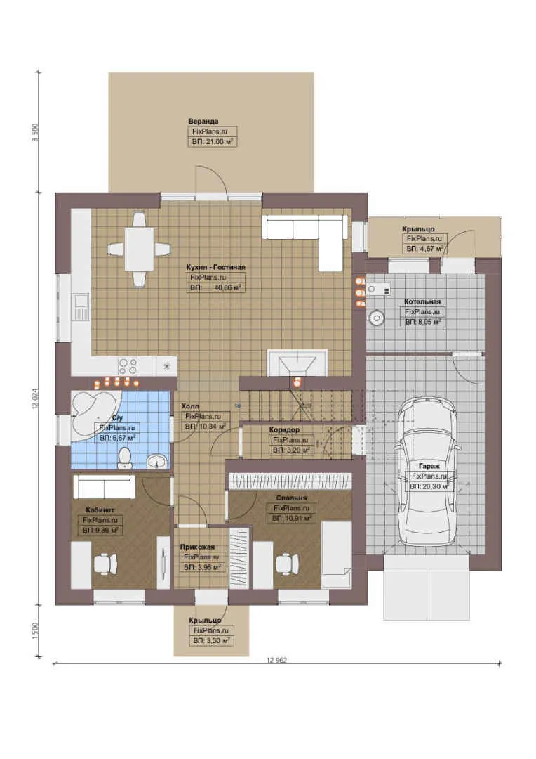 Проект дома с мансардой 13 на 13, площадью 260 м² с террасой, балконом, гаражом на 1 машину и 4 спальнями — 1-й этаж