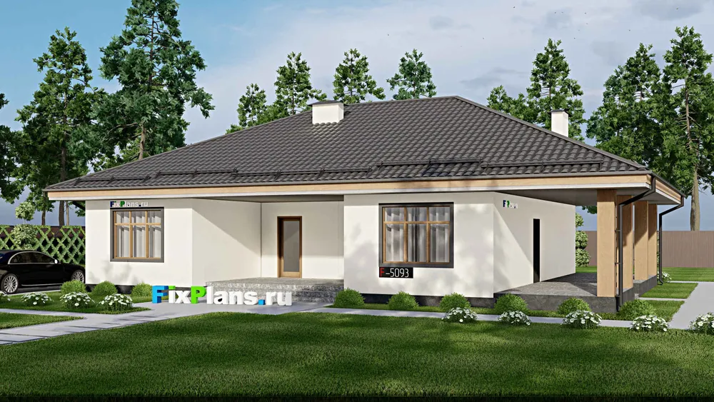 Проект одноэтажного дома 12 на 14, площадью 170 м² с террасой и 3 спальнями (F-5093) — фасад 1