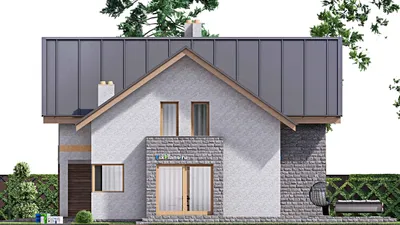 Проект дома с мансардой 16 на 17, площадью 300 м² с террасой, балконом, гаражом на 1 машину и 4 спальнями — фасад 5