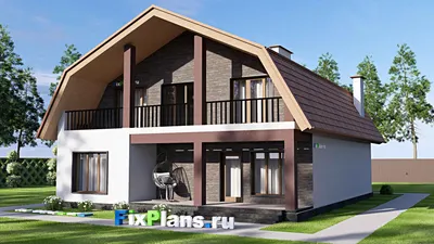 Проект дома с мансардой 12 на 17, площадью 290 м² с террасой, балконом, цокольным этажом и 6 спальнями — фасад 2