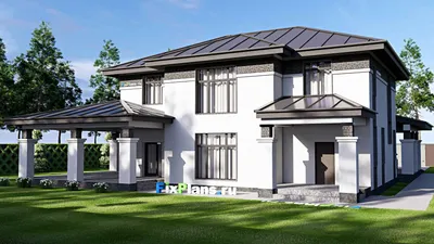 Проект двухэтажного дома 21 на 22, площадью 350 м² с террасой и 4 спальнями — фасад 2