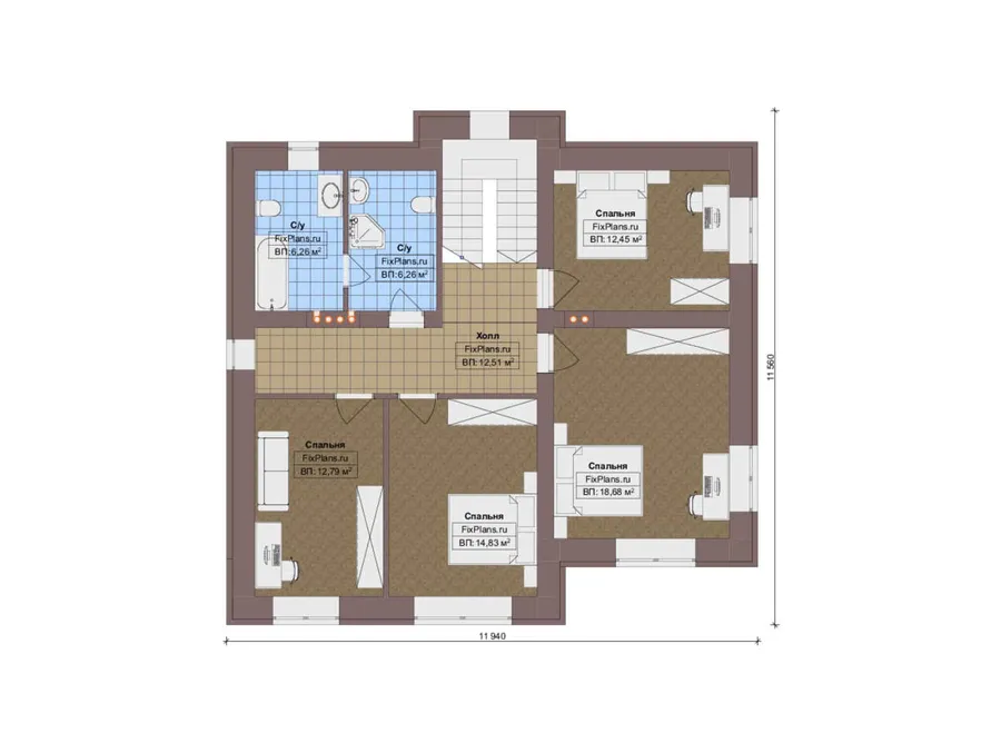 Проект двухэтажного дома 14 на 20, площадью 250 м² с террасой, баней, гаражом на 1 машину и 4 спальнями — 2-й этаж
